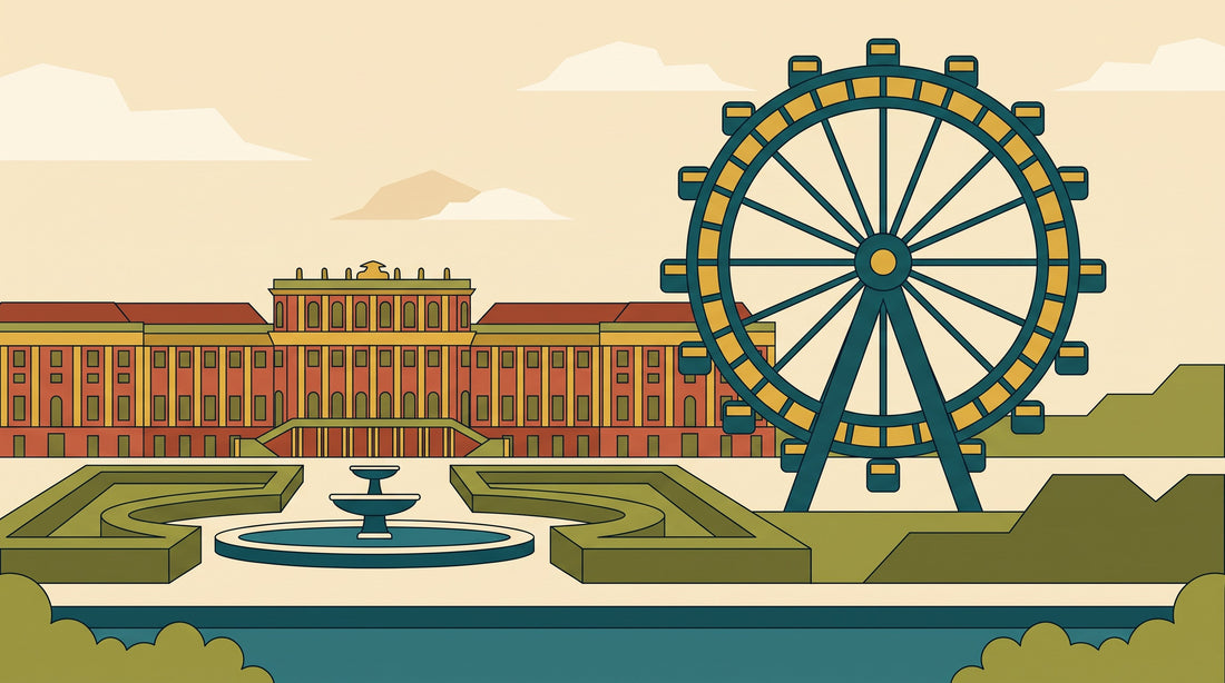 Illustration von Wien mit Schloss Schönbrunn, Barockgarten und Riesenrad. KI-generiert.