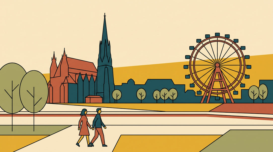 Illustration von Wien bei Abendlicht mit Stephansdom, Riesenrad und einem Paar auf einem Uferweg. KI-generiert.