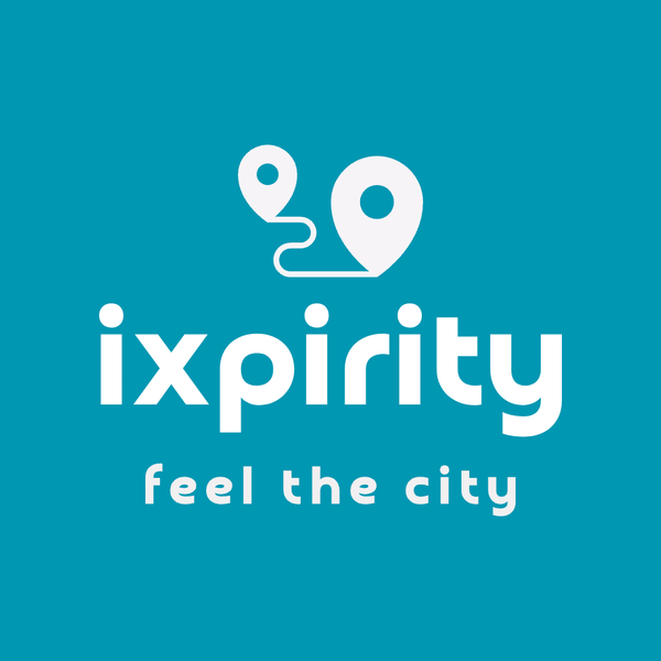 Logo ixpirity mit Slogan "Feel the City" und einer symbolischen Route zwischen zwei Standorten