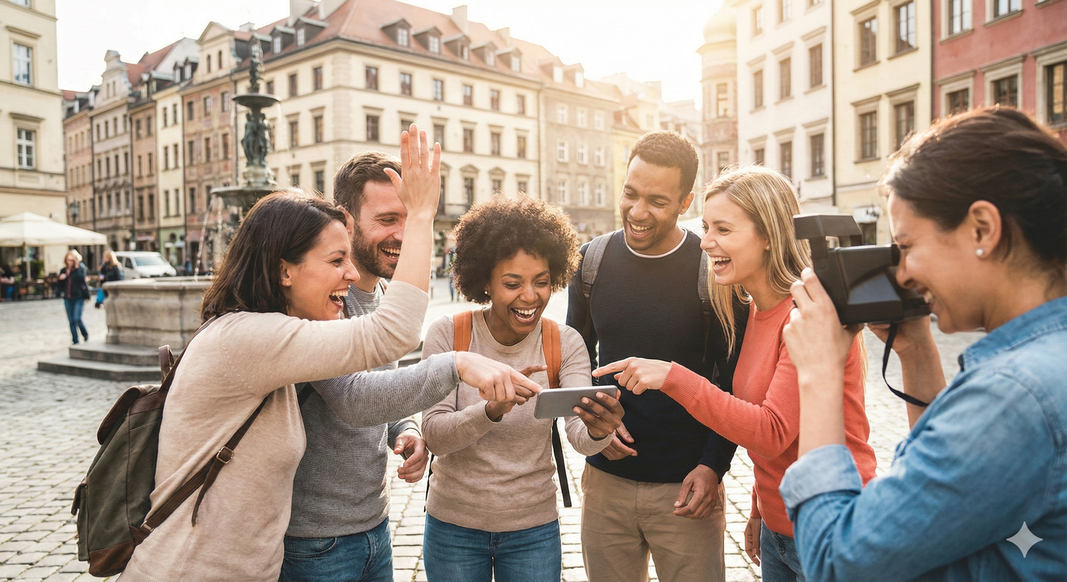 Eine Gruppe von sechs lachenden jungen Erwachsenen steht auf einem sonnigen, kopfsteingepflasterten Marktplatz vor historischen Gebäuden und einem Brunnen.

Sie blicken gemeinsam auf ein Smartphone in der Mitte, wobei ein Mann jubelnd eine Hand hebt und eine Frau am rechten Bildrand die Szene mit einer Sofortbildkamera festhält.

Die Atmosphäre ist ausgelassen und fröhlich, was den sozialen Charakter einer gemeinsamen App-Entdeckungstour unterstreicht.