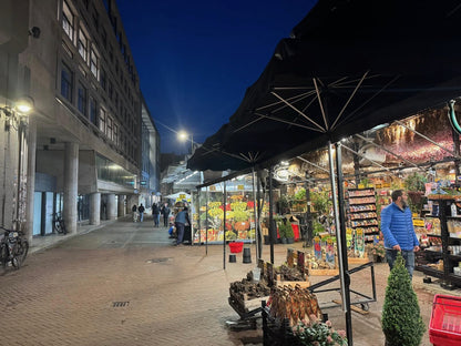 Stände des Bloemenmarkt am Singel in Amsterdam mit Blumen, Zwiebeln und Souvenirs in den Auslagen.