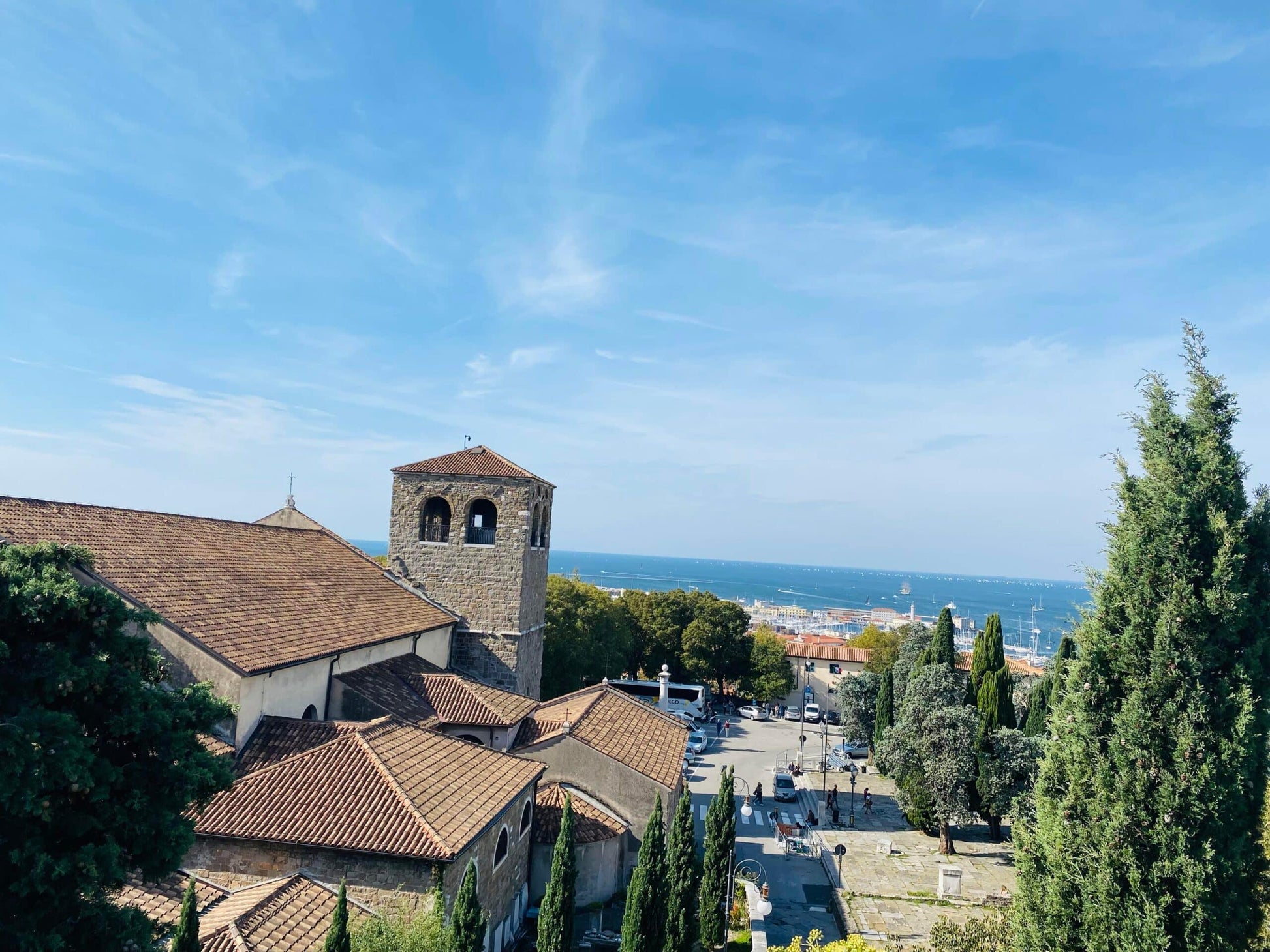 View from San Giusto hill over the cathedral to the sea at Trieste