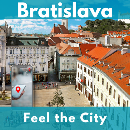 Veduta del centro storico di Bratislava con i tetti rossi e la piazza principale. In primo piano a sinistra uno smartphone con un percorso tra due punti rossi. In alto la scritta „Bratislava", in basso „Feel the City".