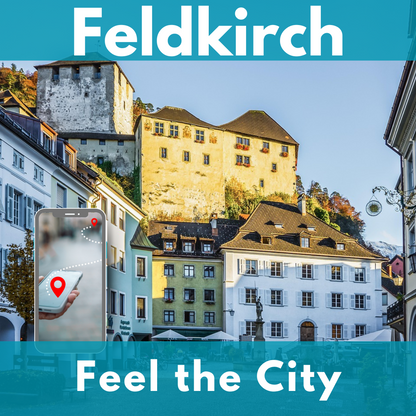 Il castello Schattenburg sopra le case colorate del centro storico di Feldkirch. In primo piano a sinistra uno smartphone con un percorso tra due punti rossi.