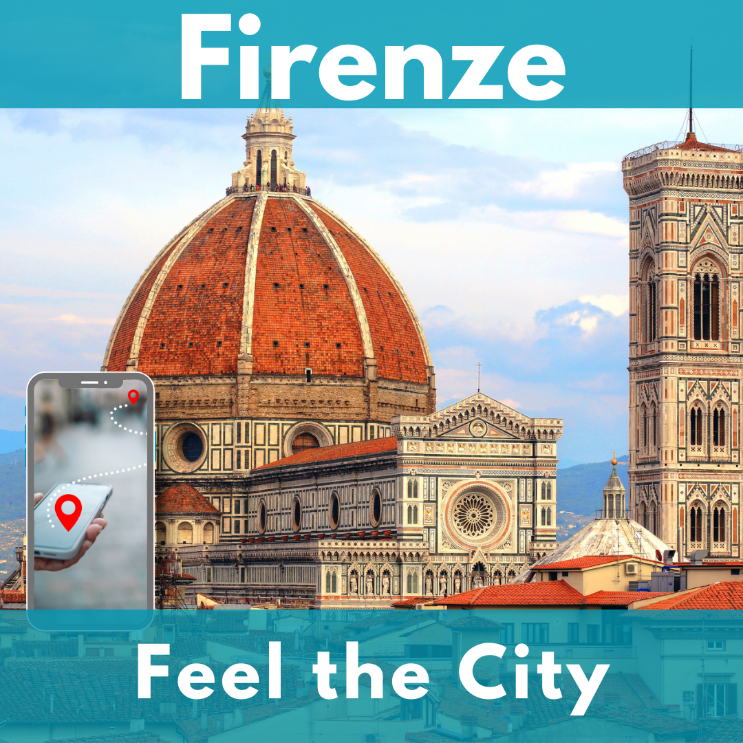 Florence Cathedral with Brunelleschi's dome and Giotto's bell tower. In the foreground on the left a smartphone showing a route between two red points.