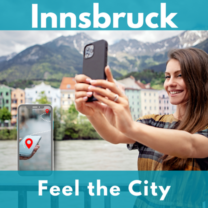 The colourful Mariahilf houses along the Inn in Innsbruck with a woman taking a selfie. In the foreground on the left a smartphone showing a route between two red points.