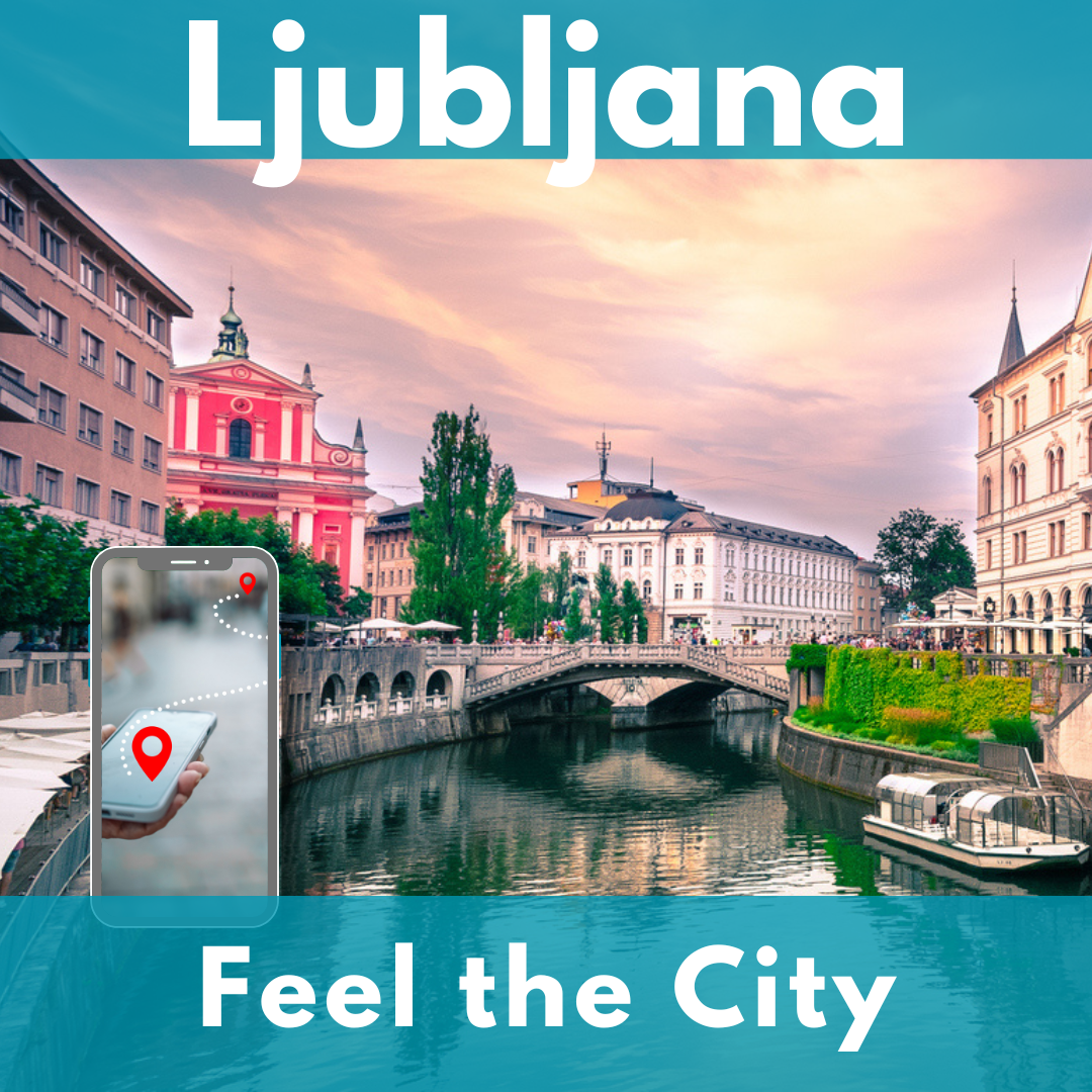 Die Drei Brücken über die Ljubljanica mit der rosa Franziskanerkirche am Prešeren-Platz in Ljubljana. Links im Vordergrund ein Smartphone mit einer Route zwischen zwei roten Punkten. Oben „Ljubljana", unten „Feel the City".
