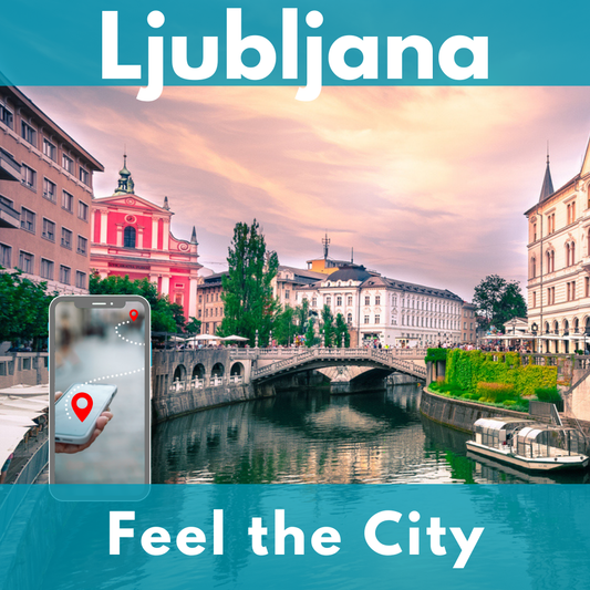 Die Drei Brücken über die Ljubljanica mit der rosa Franziskanerkirche am Prešeren-Platz in Ljubljana. Links im Vordergrund ein Smartphone mit einer Route zwischen zwei roten Punkten. Oben „Ljubljana", unten „Feel the City".