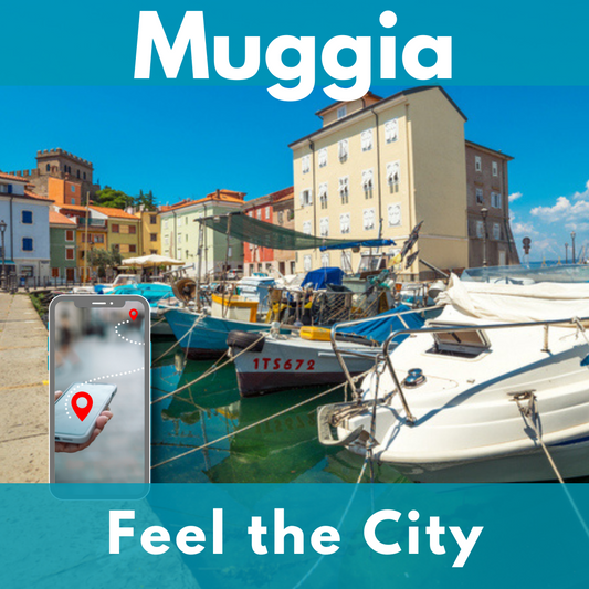 Muggia's harbour with colourful boats, the row of houses and the castle on the hill. In the foreground on the left a smartphone showing a route.