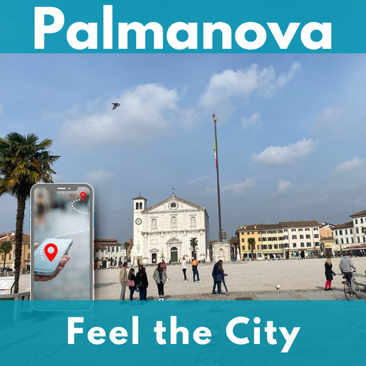 Piazza Grande in Palmanova with the Duomo Dogale, flagpole and palm trees. In the foreground on the left a smartphone showing a route between two red points.