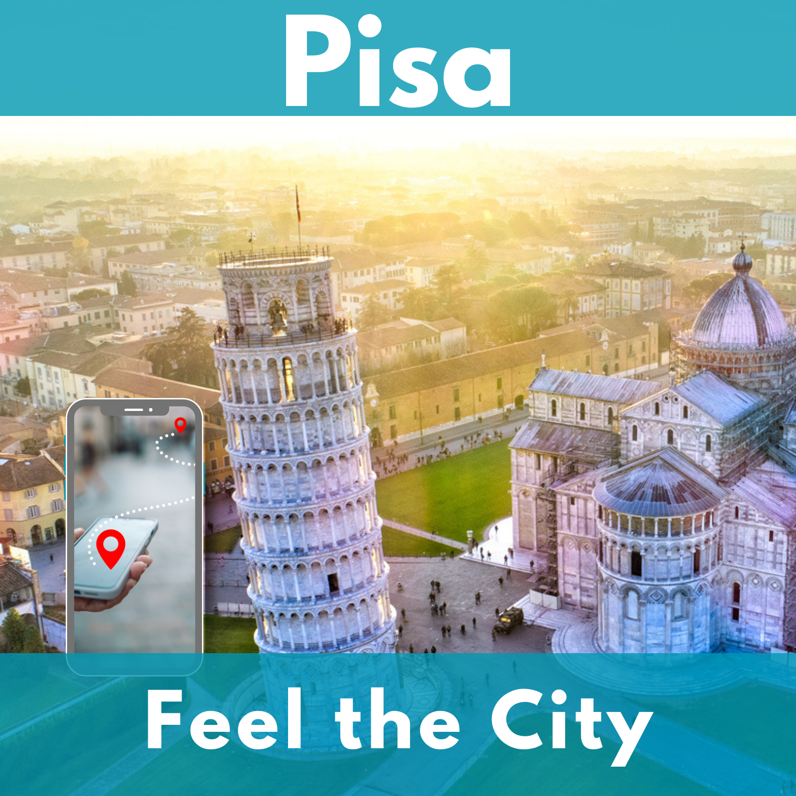 La Torre Pendente e Piazza dei Miracoli a Pisa dall'alto. In primo piano a sinistra uno smartphone con un percorso tra due punti rossi.