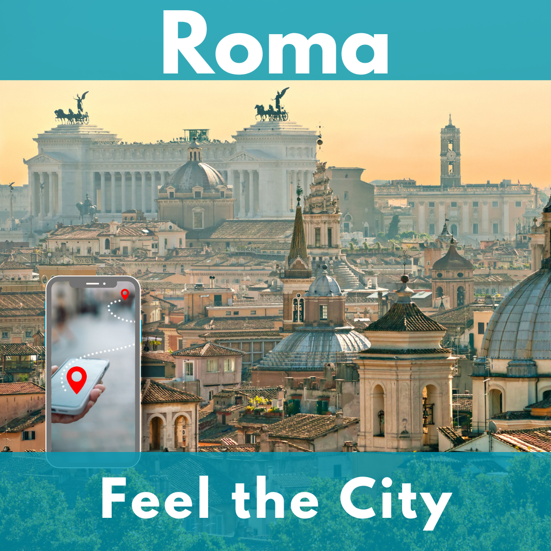 I tetti del centro storico di Roma con il Monumento a Vittorio Emanuele II. In primo piano a sinistra uno smartphone con un percorso tra due punti rossi.