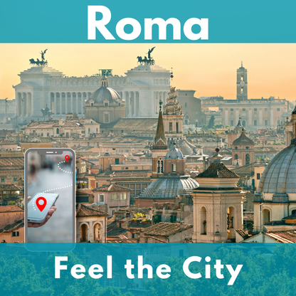I tetti del centro storico di Roma con il Monumento a Vittorio Emanuele II. In primo piano a sinistra uno smartphone con un percorso tra due punti rossi.