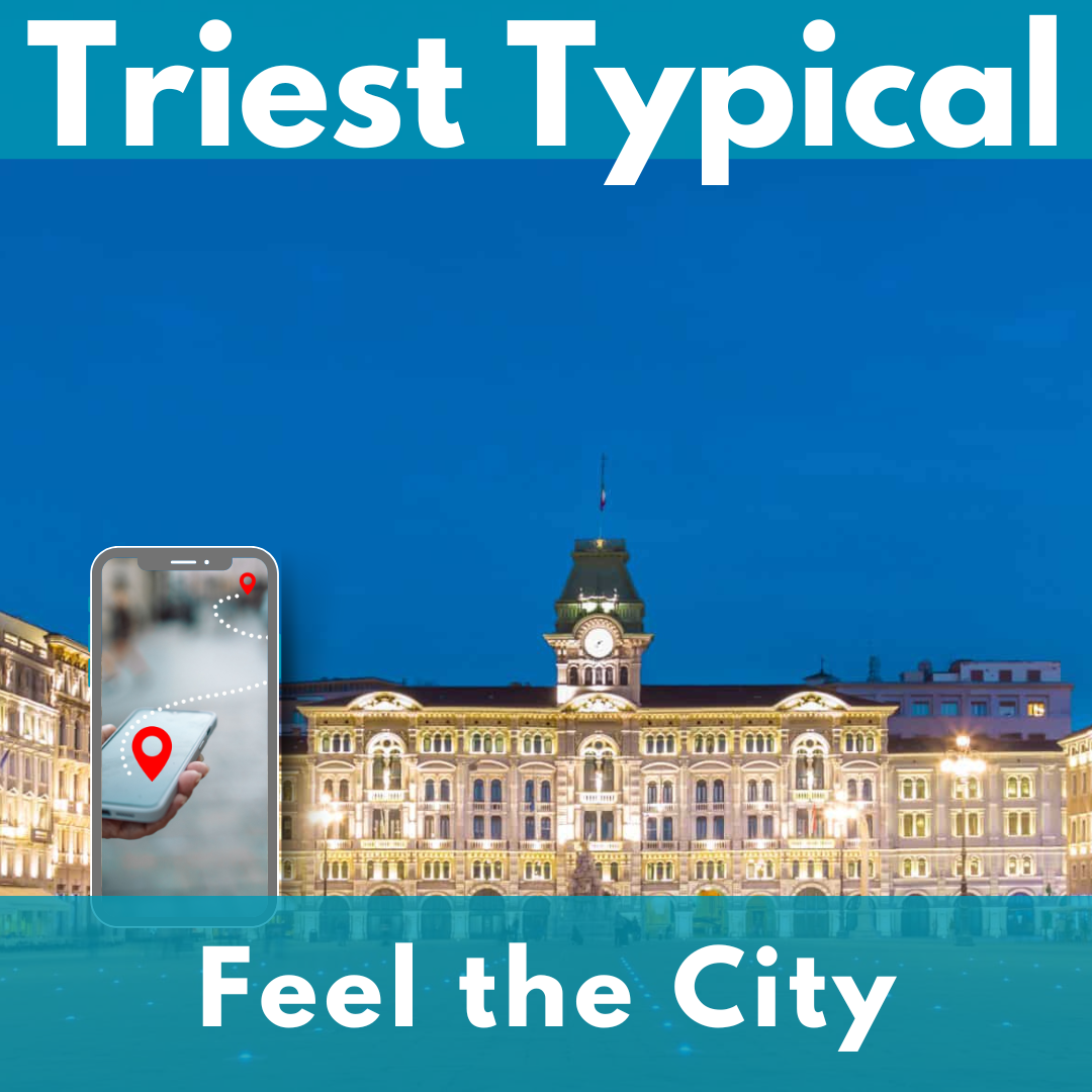 Trieste's illuminated town hall in the evening with its green-roofed tower. In the foreground on the left a smartphone showing a route between two red points.