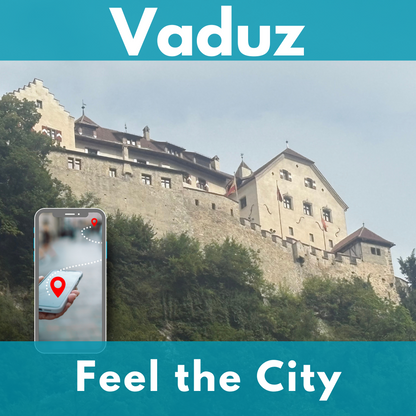 Vaduz Castle above the wooded slopes over the town. In the foreground on the left a smartphone showing a route between two red points.
