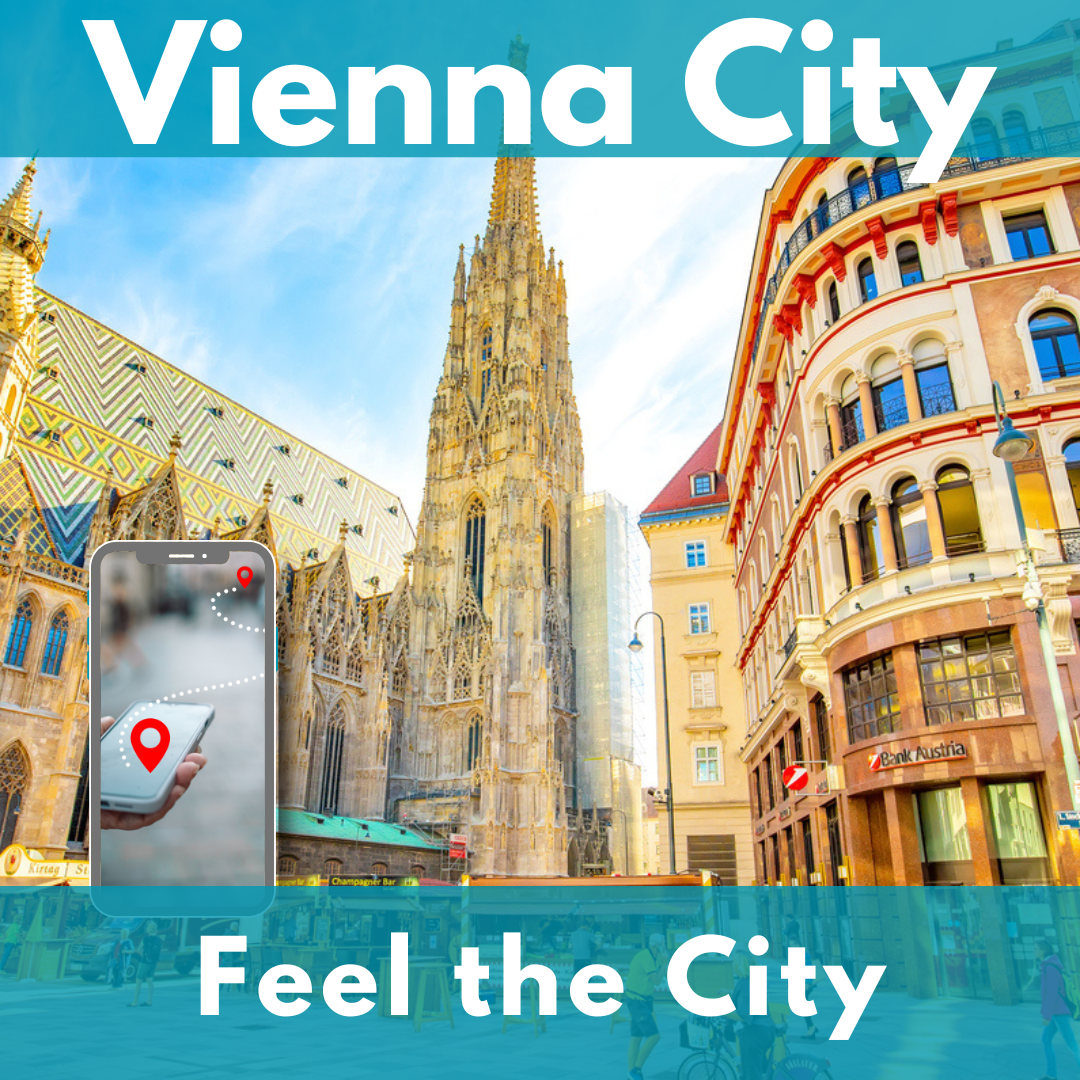 Il Duomo di Santo Stefano e le case di Stephansplatz a Vienna. In primo piano a sinistra uno smartphone con un percorso tra due punti rossi.