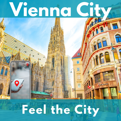 Il Duomo di Santo Stefano e le case di Stephansplatz a Vienna. In primo piano a sinistra uno smartphone con un percorso tra due punti rossi.