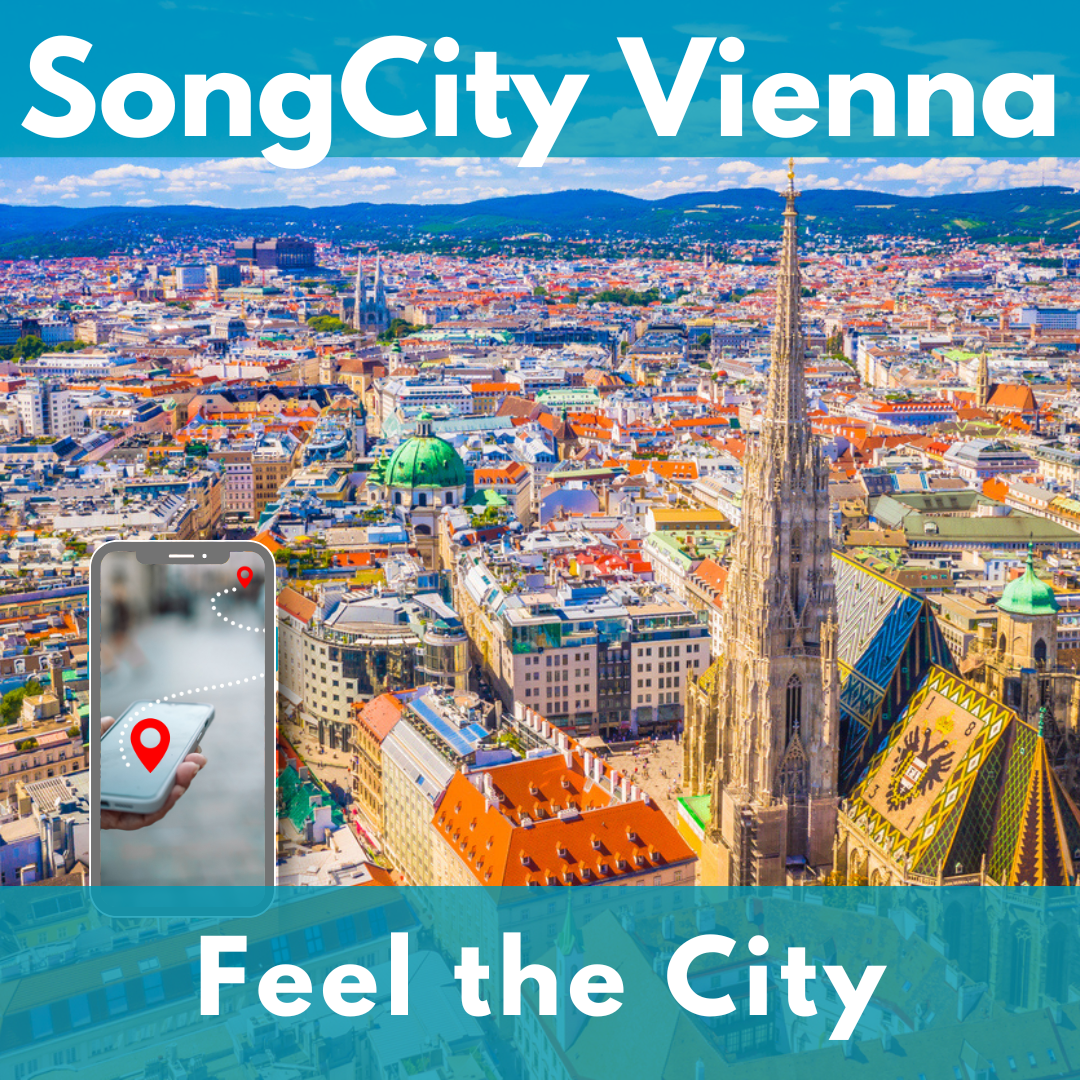 Veduta di Vienna con il Duomo di Santo Stefano al centro. In primo piano a sinistra uno smartphone con un percorso tra due punti rossi.